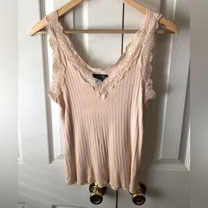 LAUREN JEANS COMPANY Peach Ribbed Knit Cotton Lace Trimmed Cami Tank Top SZ M
